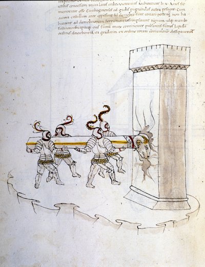 Arte de la guerra: estudio sobre las máquinas militares. uso del ariete para asediar una torre, ilustración de 