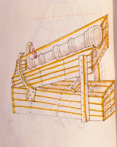 Arte de la guerra: estudio sobre maquinaria militar. Canon posa en su reloj, con un sistema para levantarlo, ilustración de 