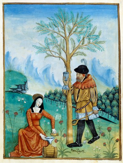 La recolección del bálsamo. Un hombre recolecta la resina, o savia, que fluye de un árbol (Flora: balsamero), utilizada para medicina, mientras una mujer la pone en un barril. Miniatura en el “Libro de los simples doctores” (Folio 187v) c.1520-1530. Ilumin de Robinet Testard