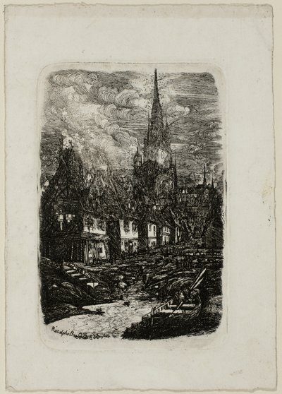 Puerto pesquero con campanario puntiagudo de Rodolphe Bresdin