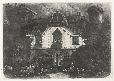 Casa con torre detrás de una valla y pastora con ganado
La maison enchantée de Rodolphe Bresdin