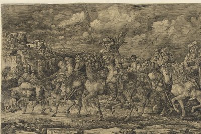 El rey huno con sus mujeres rodeado de sirvientes y ganado, cabalgando por un paisaje de Rodolphe Bresdin