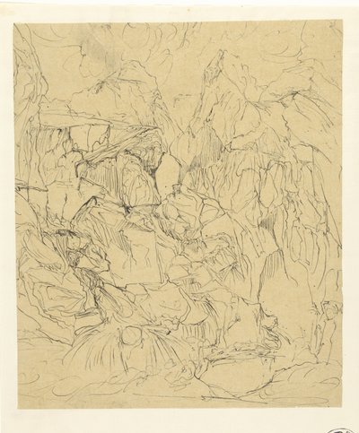 Paisaje rocoso estéril, en primer plano a la izquierda una cascada de Rodolphe Bresdin