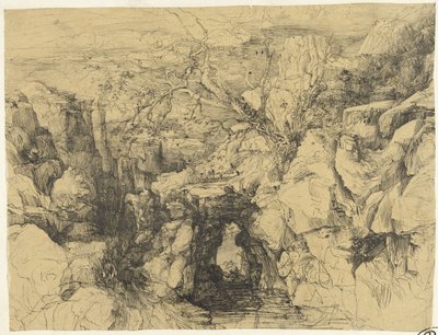 Paisaje con rocas y puente de piedra sobre un arroyo de montaña de Rodolphe Bresdin