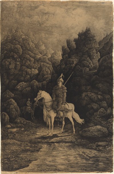 Jinete oriental en un paisaje montañoso desolado de Rodolphe Bresdin