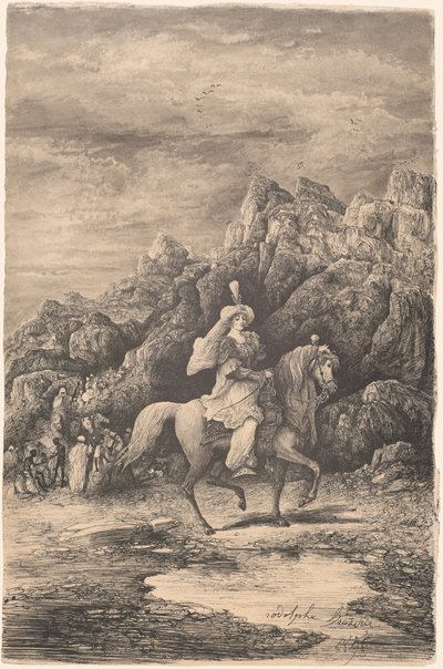 Amazona oriental en un paisaje montañoso desolado de Rodolphe Bresdin