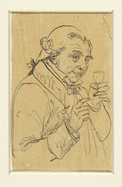 Alter Herr im 18. Jahrhundert Kostüm, in der linken Hand ein Glas Wein erhebend de Rodolphe Bresdin