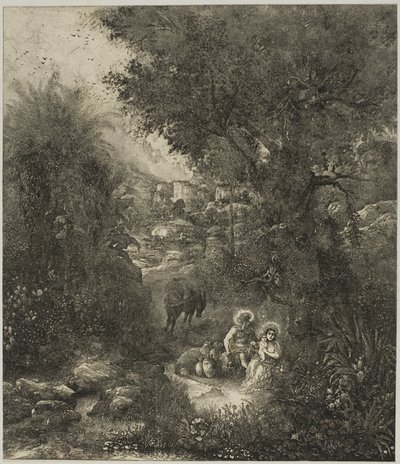 Descanso en la Huida a Egipto con Burro Ensillado de Rodolphe Bresdin