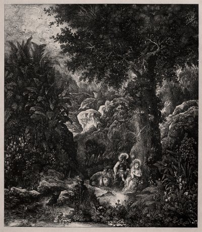 Descanso en la huida a Egipto con un burro ensillado de Rodolphe Bresdin