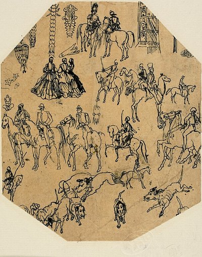 Hoja de Bocetos: Sabuesos, Jinetes, Damas. Elementos arquitectónicos, Insectos de Rodolphe Bresdin