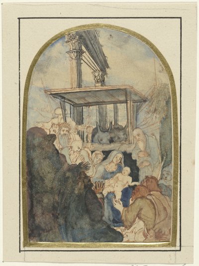 Estudio para un culto a los reyes, al fondo una ruina con dos columnas corintias de Rodolphe Bresdin