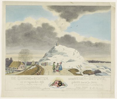 Iceberg en Ochten, 1789
Témpano de hielo en Ochten en el Neder-Betuwe; sobre y contra el dique empolvado el 24 de enero. 1789 (título en el objeto) de Roeland van Eynden