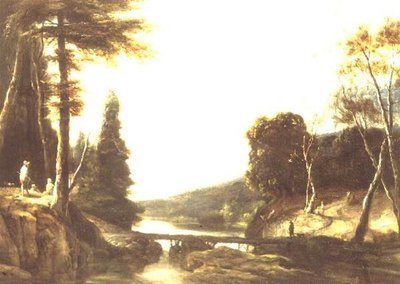 Un paisaje rocoso y boscoso con campesinos en un camino y pastores junto a un puente peatonal de Roelandt Roghman