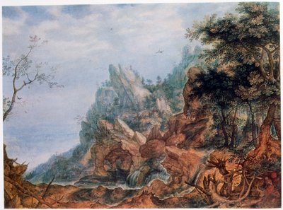 San Jerónimo en un paisaje rocoso de Roelandt Savery