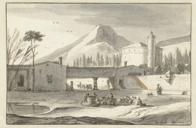 Paisaje montañoso e italianizante con una iglesia rotonda de Roelant Roghman