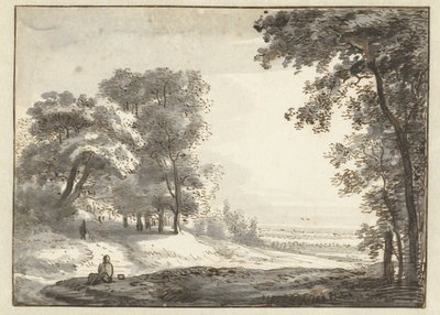 Paisaje arbolado con un viajero descansando de Roelant Roghman