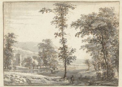 Paisaje arbolado con un viajero en un camino de Roelant Roghman