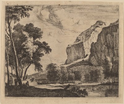 Paisaje fluvial con rocas a la derecha: lámina 3 de Roelant Roghman and Melchior Küsel