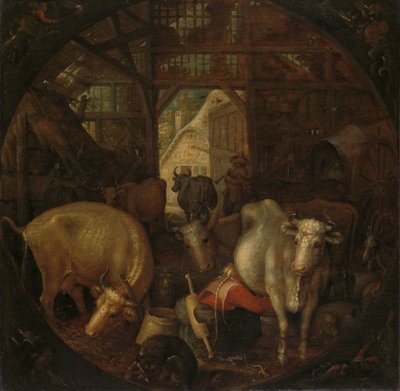 Vacas en un establo; brujas en las cuatro esquinas de Roelant Savery