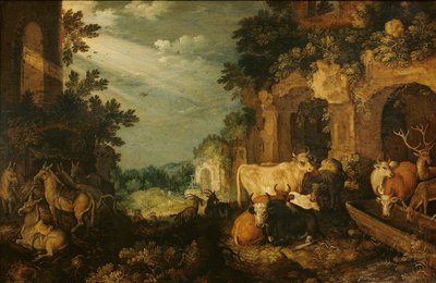 Paisaje con ruinas, ganado y ciervos de Roelant Savery