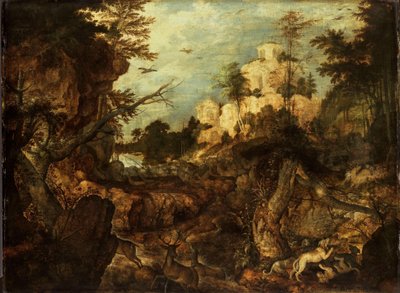 Caza de jabalíes en un paisaje rocoso de Roelant Savery