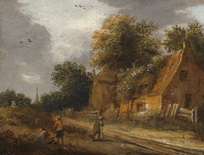 Tres figuras pasando por un camino frente a una cabaña de Roelof Jansz van Vries