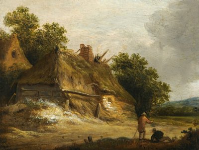Dos figuras pasando por el camino frente a una cabaña de Roelof Jansz van Vries