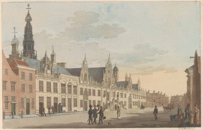 Breestraat en Leiden, hacia 1825 Vista sobre Breestraat y el Ayuntamiento de Leyden / Vue Sur la rue dite Breestraat et l