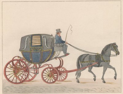 Carruaje tirado por caballos en Ámsterdam, hacia 1825 An Amsterdamsche Huurkoetsje or Moped / Un Fiacre de Louage en use à Amsterdam A ij connu sous la nom de Brommertje (título sobre objeto) de Roelof van der Meulen