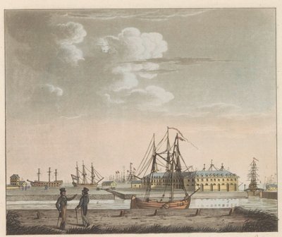 Rijkswerf Willemsoord, hacia 1825 Vista de Willemsoord en el claro - cerca de Nieuwendiep, y la entrada al gran canal Noord-Hollandsch / Vue de Willemsoord au clear prês du Nieuwendiep, et L