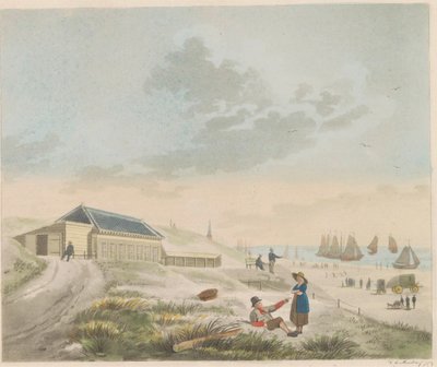 Playa de Scheveningen, hacia 1825 Vista de la playa y las dunas de Scheveningen y Presentación de la casa de baños del Sr. Pronk / Vue du rivage et des dunes a Scheveninge et representation des Bains appartement à mons.r Pronk (título sobre el objeto) de Roelof van der Meulen