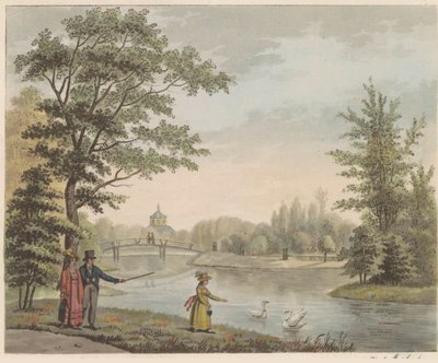 Jardín en Huis ten Bosch, hacia 1825 Vista sobre el puente suizo y el Vijver, cerca de la casa en el Bosch en s