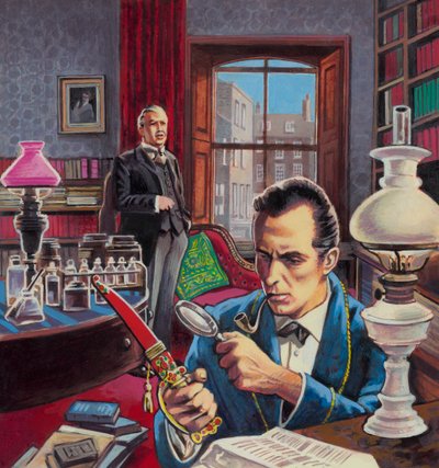 Sherlock Holmes en su estudio (gouache sobre papel) de Roger (after) Payne