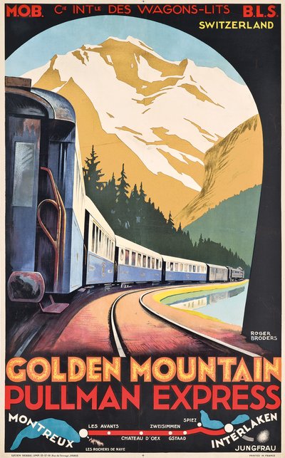 Cartel de la Compagnie Internationale des Wagons-Lits anunciando el Golden Mountain Pullman Express, hacia 1930 (litografía en color). de Roger Broders
