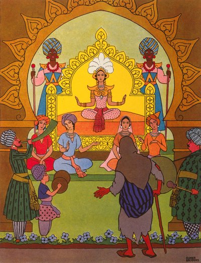Pari Banou sentada en un trono dorado, ilustración de "El príncipe Ahmed y el hada Pari Banou", de "Las mil y una noches". de Roger Broders