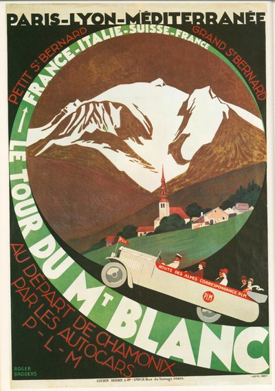 Roger Broders: Le Tour du Mont Blanc au départ de Chamonix par les Autocars P ... (litografía) de Roger Broders