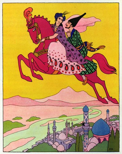 El caballo los eleva por los aires, ilustración de "El caballo mágico", de "Las mil y una noches". de Roger Broders
