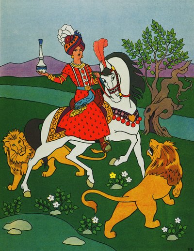 El príncipe cabalgando con dos leones, ilustración de "El príncipe Ahmed y el hada Pari Banou", de "Las mil y una noches". de Roger Broders