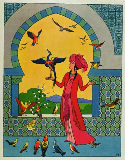 La princesa consultando al pájaro Bulbulhezar, ilustración de "Las dos hermanas celosas", de "Las mil y una noches". de Roger Broders