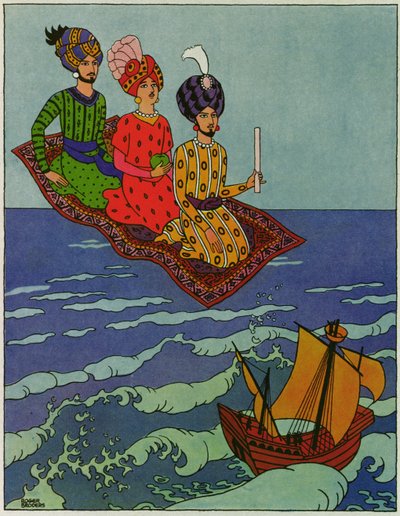 Se han transportado rápidamente, ilustración de "El príncipe Ahmed y el hada Pari Banou", de "Las mil y una noches". de Roger Broders