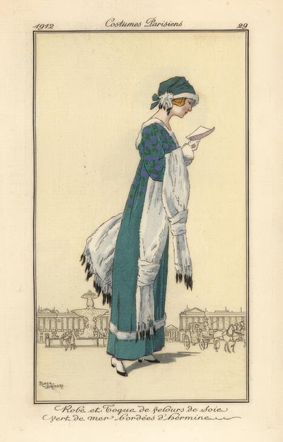 Mujer leyendo una carta con vestido de terciopelo y tocado. de Roger Broders