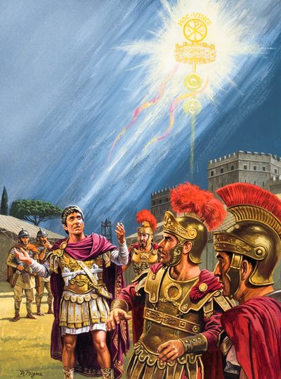 Visión de Constantino de la Cruz cristiana antes de la Batalla del Puente Milvio (gouache sobre papel) de Roger Payne