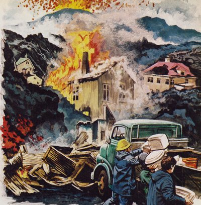 Habitantes evacuando el puerto pesquero de Vestmanna Ehjar en la isla islandesa de Heimaey (litografía en color). de Roger Payne