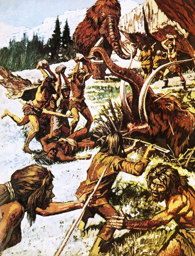 Hombres prehistóricos atacando mamuts de Roger Payne
