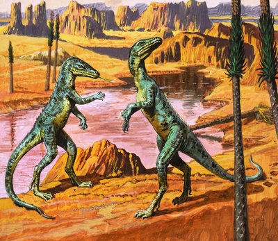 Saltoposuchus, ilustración de "In the Days of the Dinosaurs, Discovery in the Desert", 1980 (gouache sobre papel) de Roger Payne