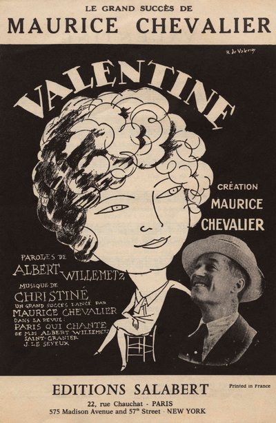 Portada de la partitura del gran éxito de Maurice Chevalier "Valentine" letra de Albert Willemetz música de Christine ediciones Salabert, c.1925 (impresión) de Roger de Valerio