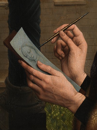 Detalle de San Lucas dibujando el retrato de la Virgen (óleo sobre tabla) de Rogier van der (after) Weyden
