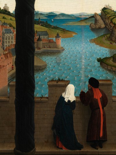 Detalle de San Lucas dibujando el retrato de la Virgen (óleo sobre tabla) de Rogier van der (after) Weyden