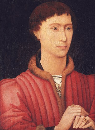 Retrato de un joven, de busto, con un jubón rojo adornado con pieles, c.1450-60 (óleo sobre tabla) de Rogier van der (circle of) Weyden