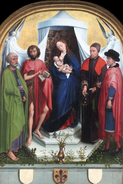 Madonna con los Santos Pedro, Juan el Bautista, los Santos Cosme y Damián de Rogier van der Weyden